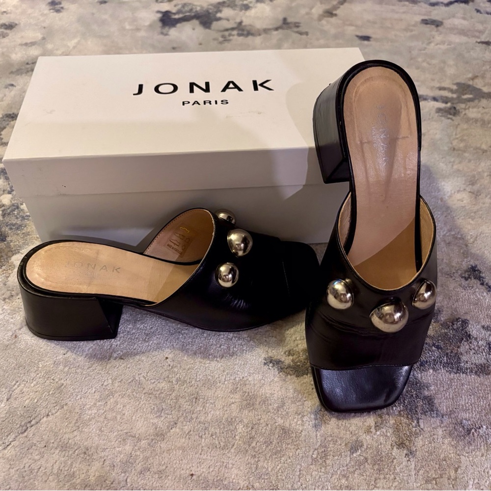 Jonak Paris Black Leather Mules with Silver Studs (Cabuchons)